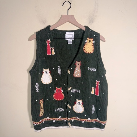 VNTG CHRISTOPHER AND BANKS 90s art deco hand embroidered cat button up vest M - Picture 1 of 5
